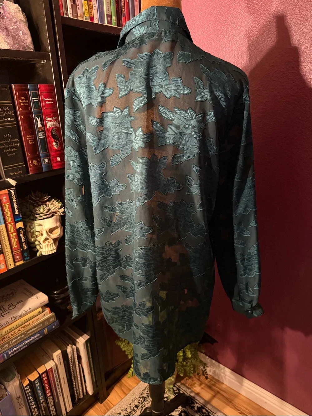 Sheer forest green Floral Button-Up velvet burn out tunic